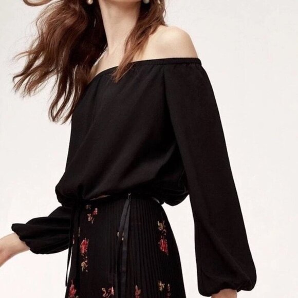 Wilfred Tops - Aritzia Wilfred Eleanora Blouse Top Size XS Black Cropped Off Shoulder Tie Front